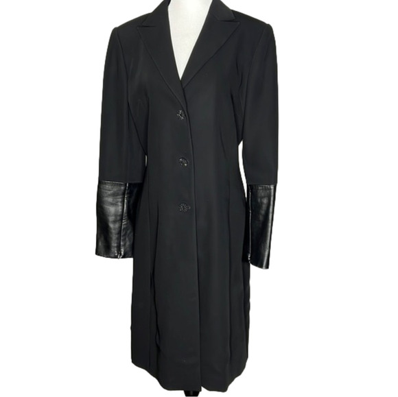 Ross Mayer Elegant Black Long Blazer with Leather Cuffs - Picture 1 of 8